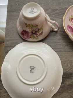 Set Of 4 EB Foley Tea Cup & Saucer Bone China Blue Green 2 Pink Floral Gold Trim