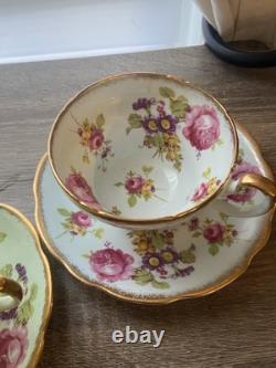 Set Of 4 EB Foley Tea Cup & Saucer Bone China Blue Green 2 Pink Floral Gold Trim