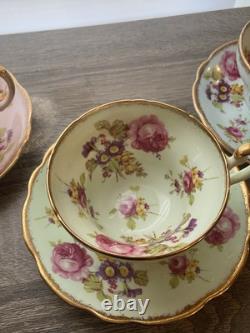 Set Of 4 EB Foley Tea Cup & Saucer Bone China Blue Green 2 Pink Floral Gold Trim