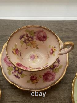 Set Of 4 EB Foley Tea Cup & Saucer Bone China Blue Green 2 Pink Floral Gold Trim