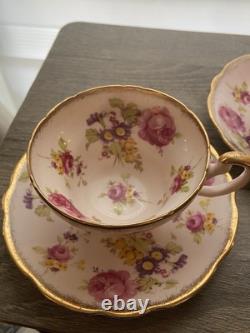Set Of 4 EB Foley Tea Cup & Saucer Bone China Blue Green 2 Pink Floral Gold Trim