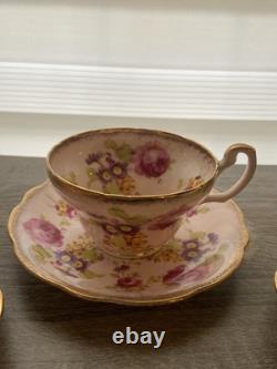 Set Of 4 EB Foley Tea Cup & Saucer Bone China Blue Green 2 Pink Floral Gold Trim