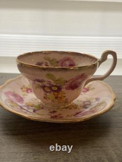 Set Of 4 EB Foley Tea Cup & Saucer Bone China Blue Green 2 Pink Floral Gold Trim