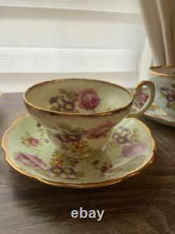 Set Of 4 EB Foley Tea Cup & Saucer Bone China Blue Green 2 Pink Floral Gold Trim