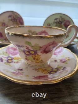 Set Of 4 EB Foley Tea Cup & Saucer Bone China Blue Green 2 Pink Floral Gold Trim