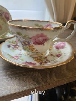 Set Of 4 EB Foley Tea Cup & Saucer Bone China Blue Green 2 Pink Floral Gold Trim