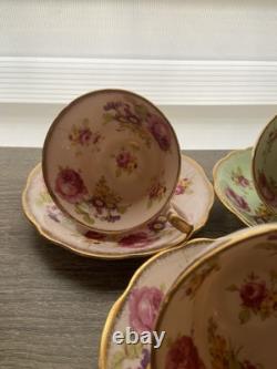 Set Of 4 EB Foley Tea Cup & Saucer Bone China Blue Green 2 Pink Floral Gold Trim