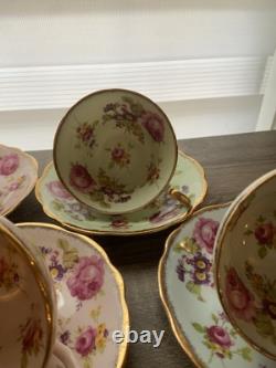 Set Of 4 EB Foley Tea Cup & Saucer Bone China Blue Green 2 Pink Floral Gold Trim