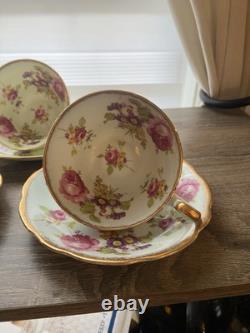 Set Of 4 EB Foley Tea Cup & Saucer Bone China Blue Green 2 Pink Floral Gold Trim