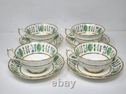 Set Of 4 Hammersley England Palmetto Tea Cup & Saucer Green White Gold China