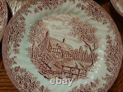 Set Of Red/pink Willow Dinnerware China, Churchhill, England, Service For 8