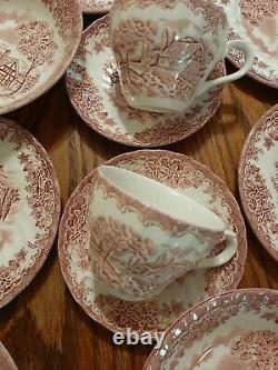 Set Of Red/pink Willow Dinnerware China, Churchhill, England, Service For 8
