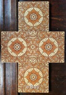 Set of 4 Antique Mintons China Works Floral Tile England Victorian Art Nouveau