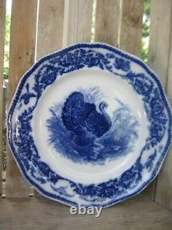 Set of 6 Antique Flow Blue Turkey Dinner Plates Cauldon England