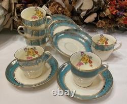 Set of 6 From 19's Aynsley Rose Tea Cup and Saucer Turquoise Bone China England