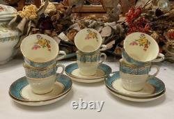 Set of 6 From 19's Aynsley Rose Tea Cup and Saucer Turquoise Bone China England
