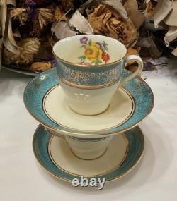 Set of 6 From 19's Aynsley Rose Tea Cup and Saucer Turquoise Bone China England