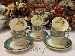 Set of 6 From 19's Aynsley Rose Tea Cup and Saucer Turquoise Bone China England