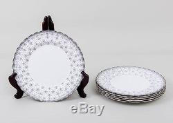 Set of 6 SPODE Fine China Dinner Plates Fleur De Lys Platinum Trim White England