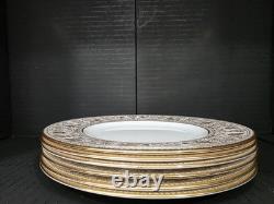 Set of 6 Wedgwood Bone China Dinner Plate White/Gold Rim Scroll Border England