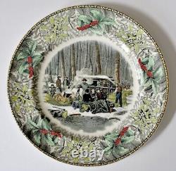 Set of Four Antique Adams China WINTER SCENES 10.5 Dinner Plates Holly Border