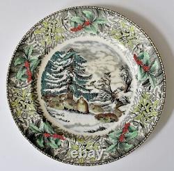Set of Four Antique Adams China WINTER SCENES 10.5 Dinner Plates Holly Border