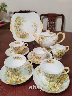 Shelley Daffodil Time Teacup & Saucer Teapot Fine Bone China England #13370 Set