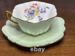 Shelley England Fine Bone China mint green floral gold trim TEA CUP & SAUCER SET