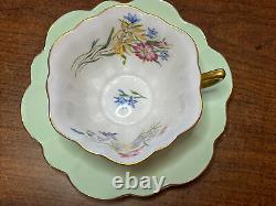 Shelley England Fine Bone China mint green floral gold trim TEA CUP & SAUCER SET