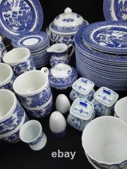 Vint. Churchill Blue Willow China Dinnerware 84 Pc Staffordshire England, Mint