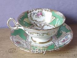 Vintage 1940's England pink rose Green bone china tea cup teacup set