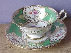 Vintage 1940's England pink rose Green bone china tea cup teacup set