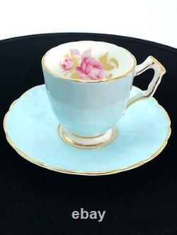 Vintage Ansley Bone China 30 Aqua Tea Cup & Saucer Set 1775 England Pink Rose
