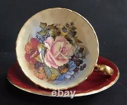 Vintage Aynsley England Cabbage Roses Burgundy Teacup & Saucer Signed JA Bailey