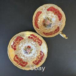 Vintage Aynsley England Rudy Red/Gold Cabbage Rose Teacup and Saucer Set Signed