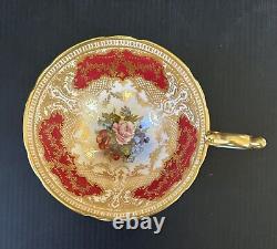Vintage Aynsley England Rudy Red/Gold Cabbage Rose Teacup and Saucer Set Signed