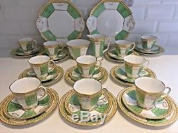 Vintage Bone China Tea Set Royal Stafford 10 Trios Octagonal Green Gold 34-Piece