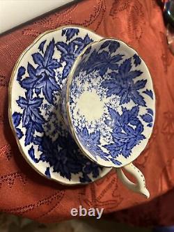 Vintage COALPORT Bone China England Blue LEAVES Set Footed Cup & Saucer