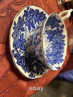 Vintage COALPORT Bone China England Blue LEAVES Set Footed Cup & Saucer