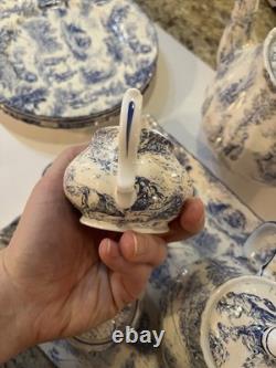 Vintage Crown Dorset Staffordshire England Blue & White Fine Bone China Tea Set