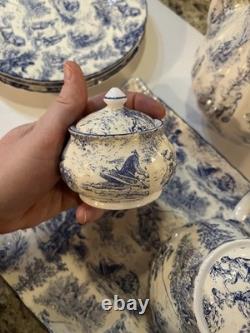 Vintage Crown Dorset Staffordshire England Blue & White Fine Bone China Tea Set