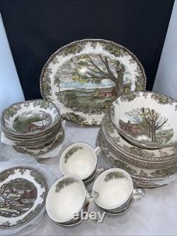 Vintage England Johnson Bros 38 Pc Friendly Village Scene Setting for 6