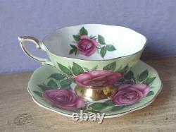 Vintage England Large Pink Roses Green bone china Tea Cup Teacup Set