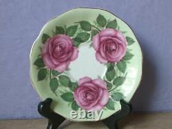 Vintage England Large Pink Roses Green bone china Tea Cup Teacup Set