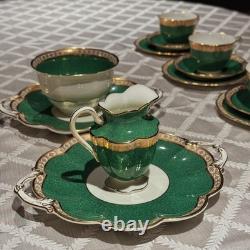 Vintage George Jones Crescent Green Gold Tea Set 40 Pcs 12 Place Mint