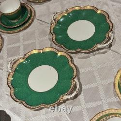 Vintage George Jones Crescent Green Gold Tea Set 40 Pcs 12 Place Mint