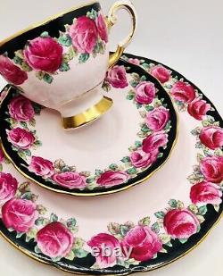 Vintage Hand Painted Pink Cabbage Tuscan Rose Black Cup Saucer 8 Plate Trio