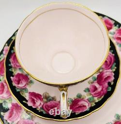 Vintage Hand Painted Pink Cabbage Tuscan Rose Black Cup Saucer 8 Plate Trio