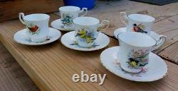 Vintage Royal Dover England Bone China Bird and Flower Tea Cups Set of 5