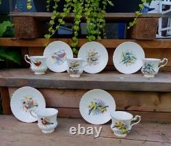 Vintage Royal Dover England Bone China Bird and Flower Tea Cups Set of 5